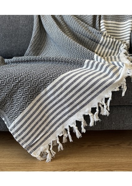 Elmas Desenli Düğüm Saçaklı Koltuk ve Yatak Örtüsü – %100 Geri Dönüştürülmüş Pamuk, 200X230 cm | Siyah Renk indirimleri
