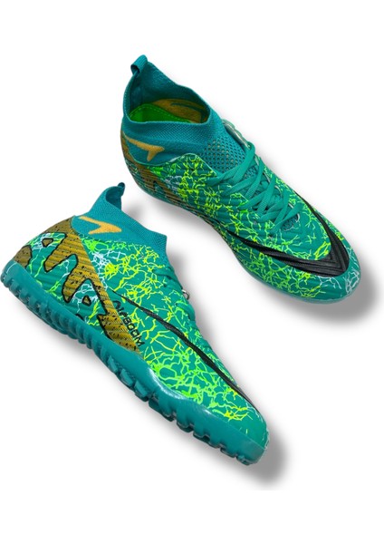 Çocuk Yeni Model Çoraplı Halısaha Ayakkabı Turkuaz Gold Desenli