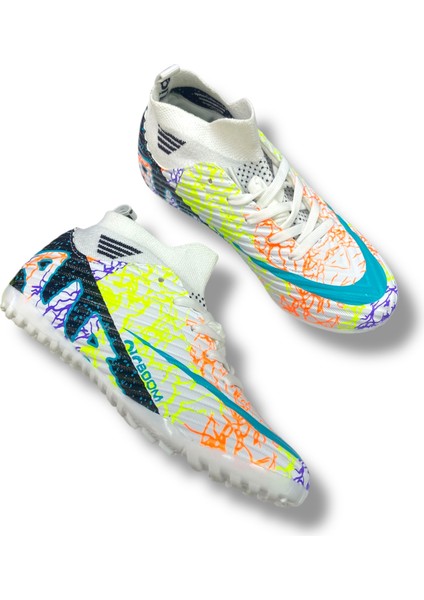 Çocuk Yeni Model Çoraplı Halısaha Ayakkabı Beyaz Siyah Turkuaz Desenli