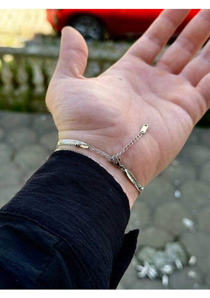 Silver Erkek İkili Zincir Bileklik Kadın Paslanmaz Çelik Renk Atmaz Unısex Kararmaz Çelik Bileklik indirimleri