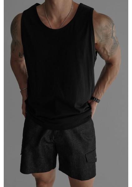 Erkek Siyah Regular %100 Pamuk Atlet T-Shirt