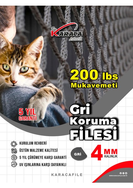 Gri Güvenlik File– 1,5 M Yükseklik | Metreyle Kesim | 4 mm Ip, 5x5 cm Göz Aralığı + Montaj Aparatları