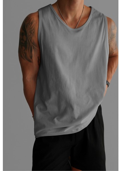 Erkek Gri Regular %100 Pamuk Atlet T-Shirt