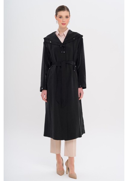 Kapüşonlu Çıt Çıt Detaylı Astarsız Kap Siyah 6749