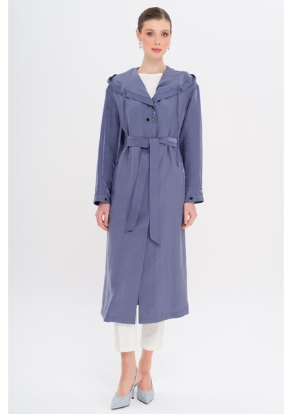 Kapüşonlu Çıt Çıt Detaylı Astarsız Kap Indigo 6749