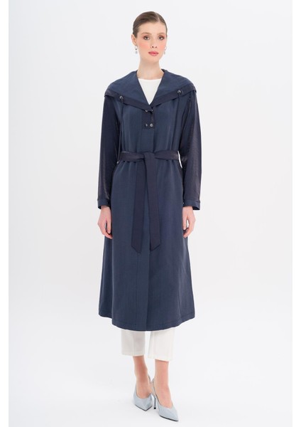 Kapüşonlu Çıt Çıt Detaylı Astarsız Kap Lacivert 6749