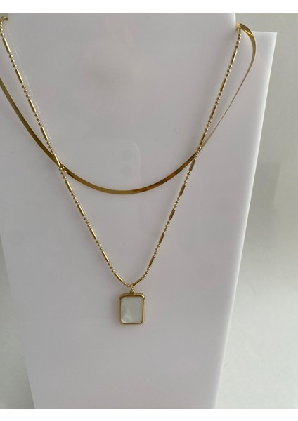 2'li Dikdörtgen Sedef Çelik Gold Kolye