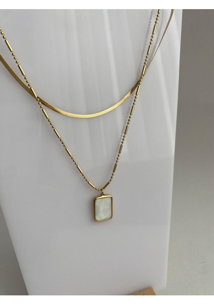 2'li Dikdörtgen Sedef Çelik Gold Kolye indirimleri