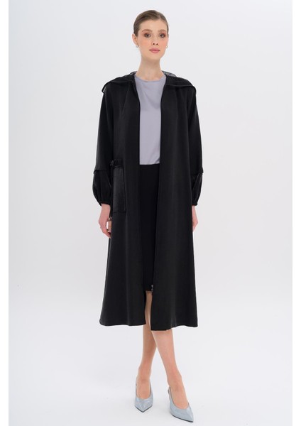 File Kapüşonlu Garni Detaylı Astarsız Modal Kap Siyah 6748