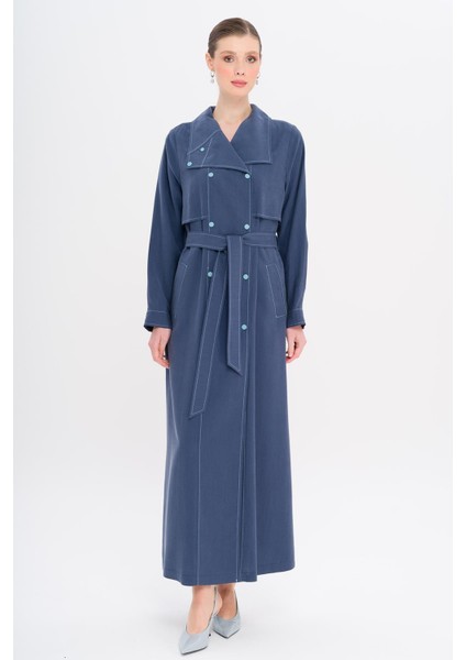 Mendil Yaka Pelerin ve Çıt Çıt Detaylı Astarsız Modal Kap Indigo 6729