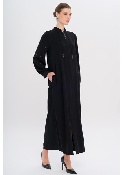 Hakim Yaka Kolları Taş Bezeli Ferace Siyah 6741 fiyatları