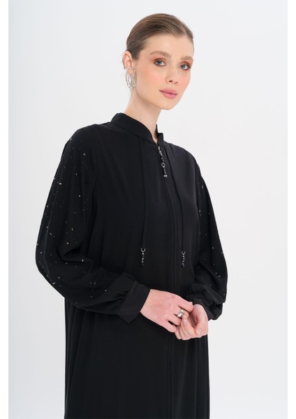 Hakim Yaka Kolları Taş Bezeli Ferace Siyah 6741 modelleri