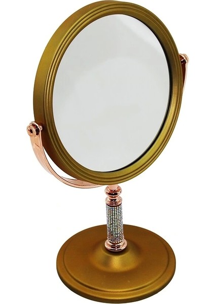 Taş Saplı Yuvarlak 7 Inç= Çap:17.5cm Makyaj Aynası Çift Taraflı Bronz - Gümüş Pls.çerçeve Sabit Ayak (5047)