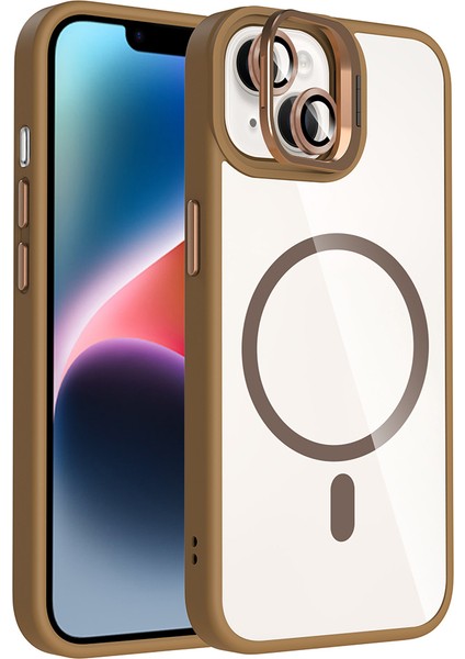 iPhone Uyumlu 14 Kılıf Standlı ve Kamera Lens Hediyeli M-Safe Şarj Özellikli Zore Etro Kapak-Desert Titanyum