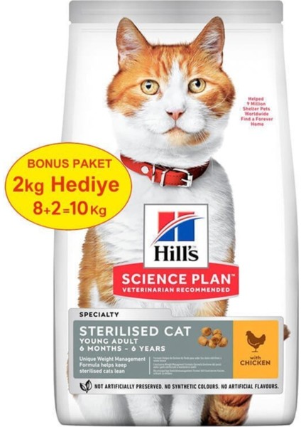 Hills Young Sterilised Tavuklu Kısırlaştırılmış Kedi Maması 8 kg +2 kg