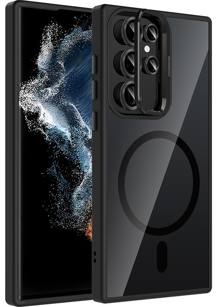 Galaxy Uyumlu S22 Ultra Kılıf Standlı ve Kamera Lens Hediyeli M-Safe Şarj Özellikli Zore Etro Kapak