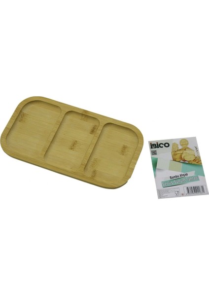 Dikdörtgen 3 Bölmeli=2+1 Ahşap Bambu Servis Sunum Tepsi - Tahtası 25 x 14 x 1.4cm (5047)