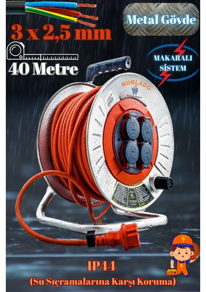Bylion Makaralı Seyyar Kablo Kapaklı 4 Prizli Metal Uzatma Kablosu 3x2.5 mm Cca Kablo 40 Metre.