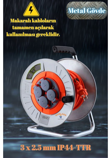 Bylion Makaralı Seyyar Kablo Kapaklı 4 Prizli Metal Uzatma Kablosu 3x2.5 mm Cca Kablo 40 Metre. fiyatları