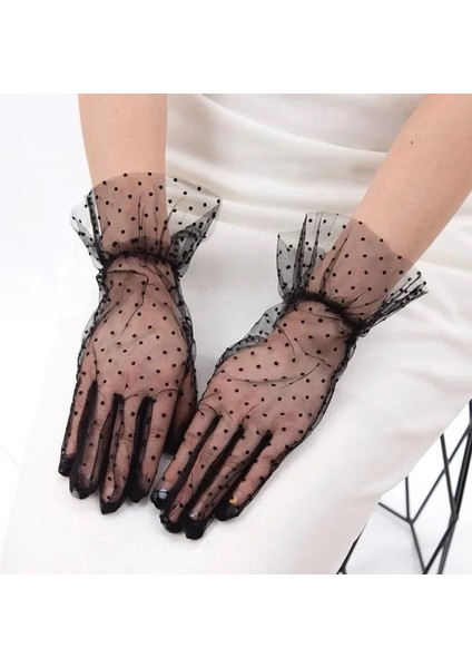 Kısa Boy Güpürlü Siyah Puantiyeli Tül Eldiven Siyah Renk (5047)