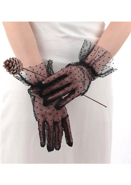 Kısa Boy Güpürlü Siyah Puantiyeli Tül Eldiven Siyah Renk (5047) fiyatları