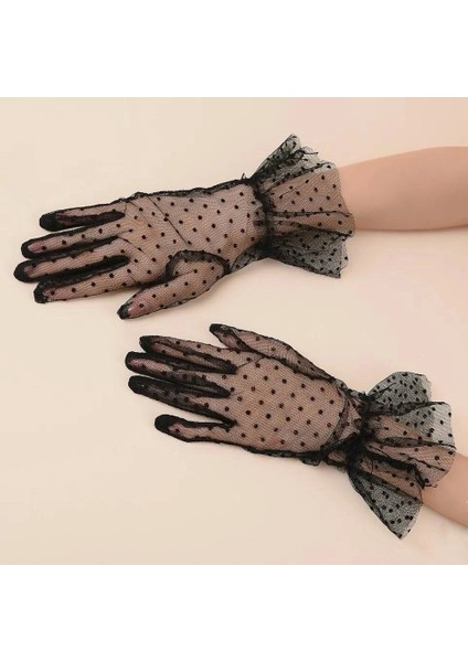 Kısa Boy Güpürlü Siyah Puantiyeli Tül Eldiven Siyah Renk (5047) modelleri