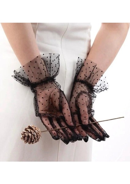 Kısa Boy Güpürlü Siyah Puantiyeli Tül Eldiven Siyah Renk (5047) fırsatları