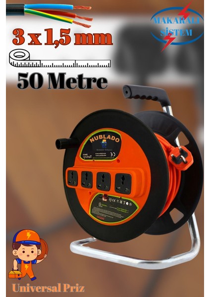 Bylion Makaralı Seyyar Kablo Universal 4 Prizli Uzatma Kablosu 3x1.5 mm Cca Kablo 50 Metre.