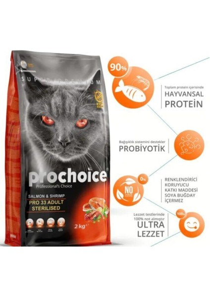 Prochoice 33 Kısırlaştırılmış Somon Karidesli Yetişkin Kedi Maması 2 kg fırsatları