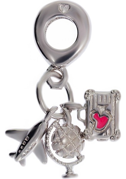 Kadın Seyahat Temalı Uçak Valiz Dünya Model Gümüş Charm