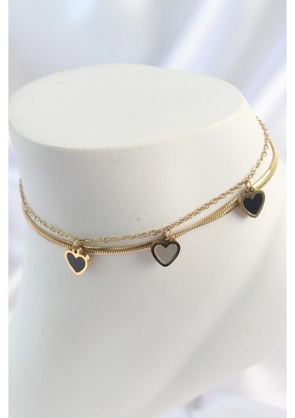 316L Çelik Gold Renk 2'li Italyan Zincir Model Sallantı Kalp Figür Kadın Halhal