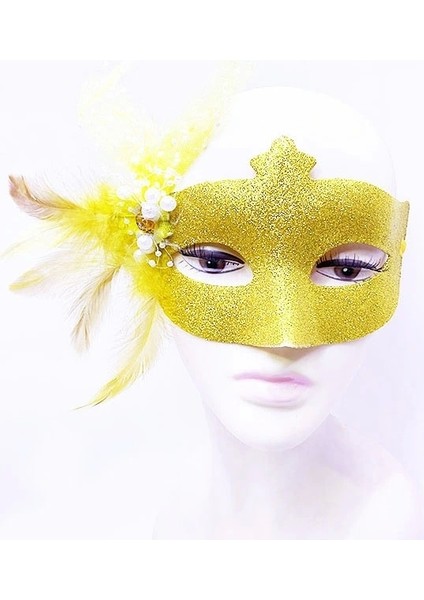 Sim Işlemeli Inci Boncuk Detaylı Tüylü Balo Maskesi Altın Renk 13X18 cm (5047)