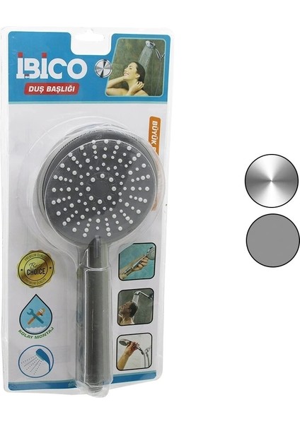 Büyük Boy YUVARLAK=11CM Duş Başlık Kademeli Vakumlu Krom-Gri Gövde-- Beyaz-Gri Zemin - İĞNESAP:14CM (5047)