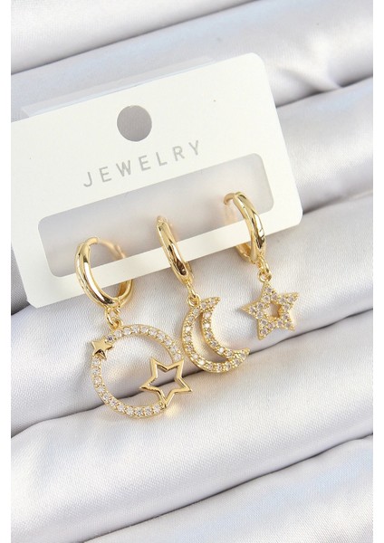 Pirinç Zirkon Taşlı Yıldız ve Ay Model Gold Renk 3'lü Çift Kadın Küpe Set