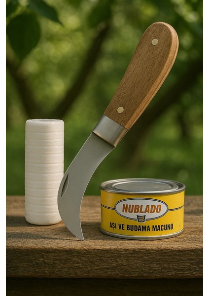 Aşı Bıçağı Eğri Uçlu Bağ Bıçağı Ara Çakı 21 cm + Aşı Bandı + Aşı Macunu (3'lü Set).