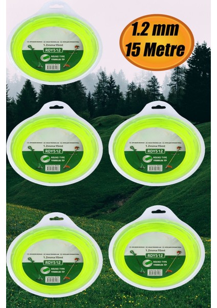 Tırpan Misinası Motorlu Tırpan Yuvarlak Misina 1.2 mm 15 Metre Çim Ot Biçme Teli 5 Adet.