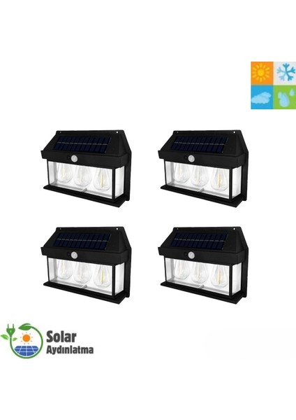 HB-500 Model 4'lü Paket Dekoratif Güneş Enerjili Bahçe 3 Adet LED Ampül Hareket Sensörlü Bahçe LED Su Geçirmez 3 Mod'lu Solar Duvar LED