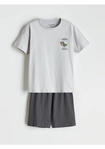 Lcw Kids Gri Bisiklet Yaka Dinozor Baskılı Erkek Çocuk Şortlu Pijama Takımı