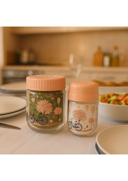 2'li Pembe Bisiklet Desenli Cam Tuzluk Baharatlık Sofra Tuzluğu Sofra Baharatlığı