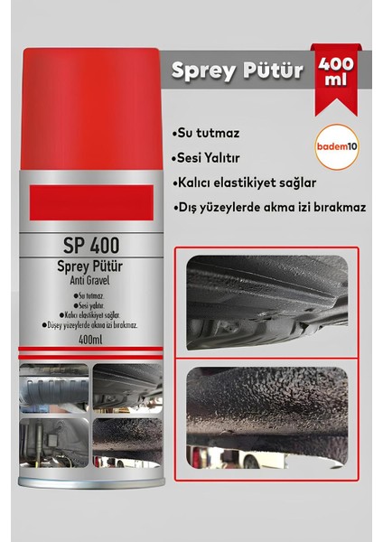 Sprey Pütür Su Tutmaz Ses Yalıtımlı Boyanabilir Kaplama Araç Araba Çamurluk Taş Darbe Koruma 400ML