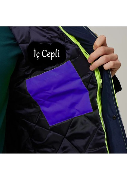Cepli Reflektif Fosforlu Fermuarlı Kaban Kapüşonlu Mont Parka Sarı Lacivert Kaban Işçi Parkası. fiyatları