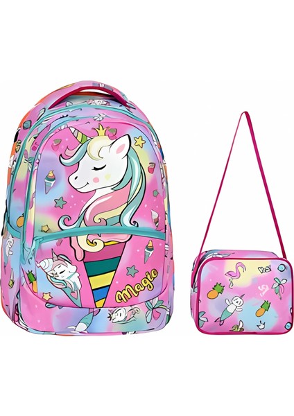 Unicorn Desenli Pembe Ilkokul Sırt Çantası + Beslenme Çantası (2303)