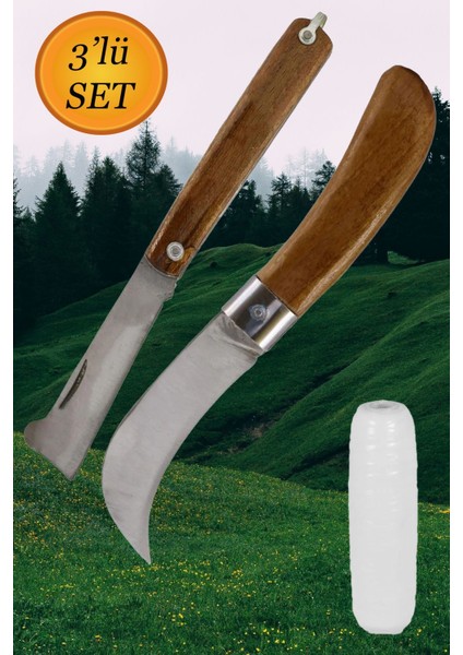 Aşı Bıçağı Eğri Uçlu Bağ Bıçağı Çakısı + Düz Uçlu Açı Bıçak + Aşı Bandı (3'lü Set).