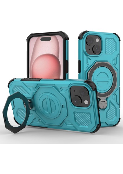 iPhone 15 Manyetik Kılıf Dönen Metal Ayaklı Darbeye Dayanıklı Pc + Tpu Telefon Arka Kapağı (Yurt Dışından)