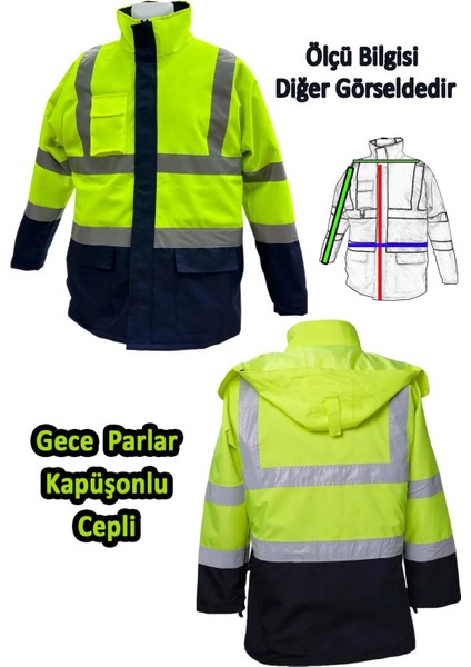 Cepli Reflektif Fosforlu Fermuarlı Kaban Kapüşonlu Mont Parka Sarı Lacivert Kaban Işçi Parkası.