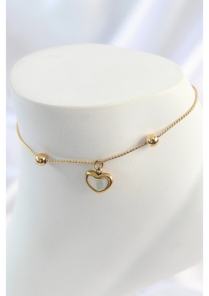 316L Çelik Gold Renk Sallantı Mineli Kalp Figür Topçuk Detay Kadın Halhal