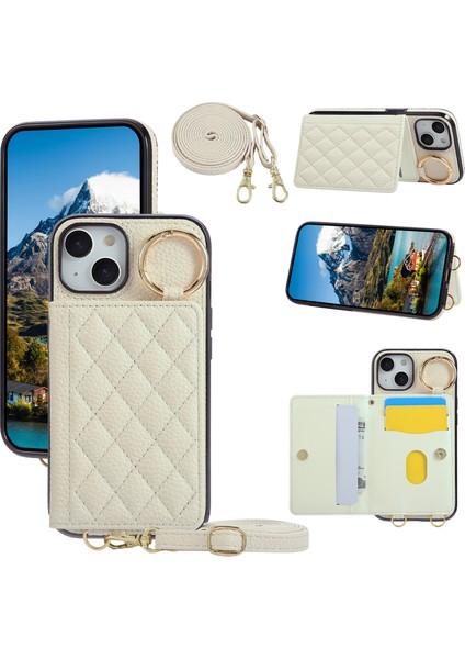 iPhone 15 Ayaklı Rhombus Deri + Tpu Telefon Kılıfı ve Omuz Askısı (Yurt Dışından)
