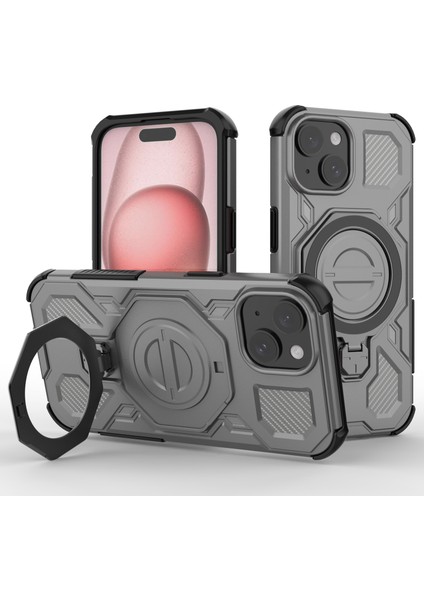 iPhone 15 Manyetik Kılıf Dönen Metal Ayaklı Darbeye Dayanıklı Pc + Tpu Telefon Arka Kapağı (Yurt Dışından)