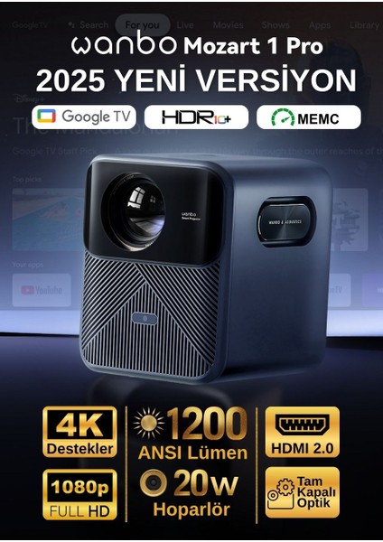 Mozart 1 Pro Akıllı Projeksiyon Cihazı – 1200 ANSI, Google TV, HDR, MEMC, Lisanslı | 2025 Yeni Versiyon