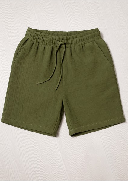 Lastikli Cepli Müslin Kadın Şort Yeşil-L
